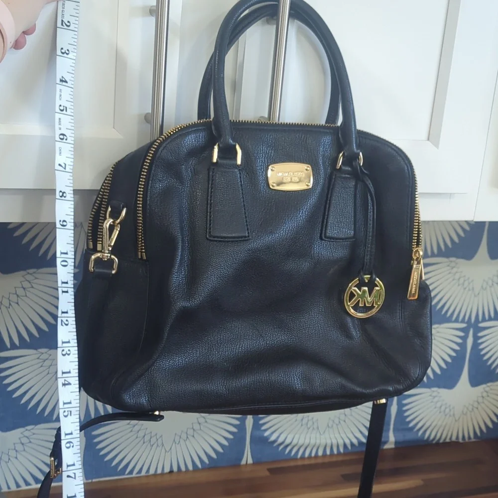Michael Kors black and gold leather two zipper compartment satchel large…